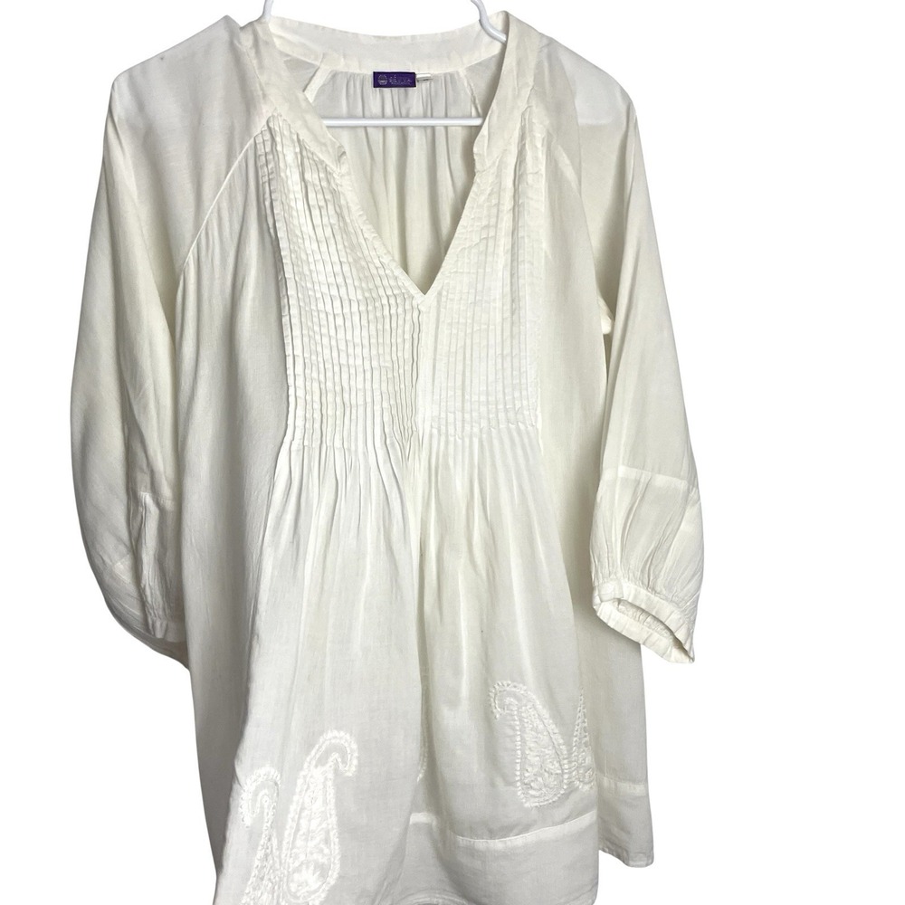 Sevya Handmade Womens Boho Tunic Blouse Size M White Embroidered Paisley Pintuck